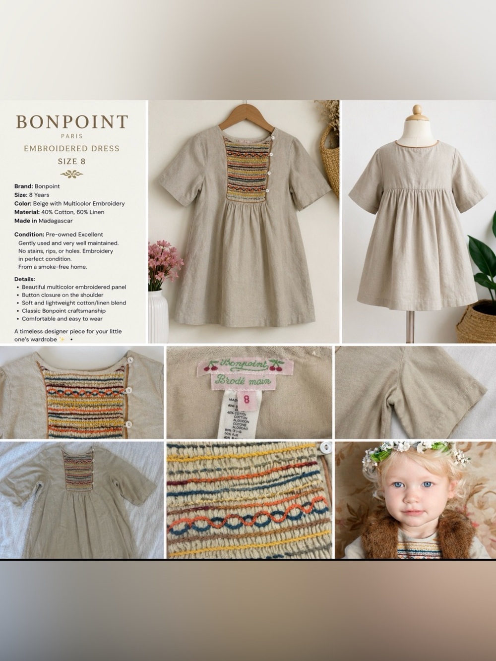 Bonpoint Paris Hand-Embroidered Dress – Size 8 | Luxury French Children’s Wear